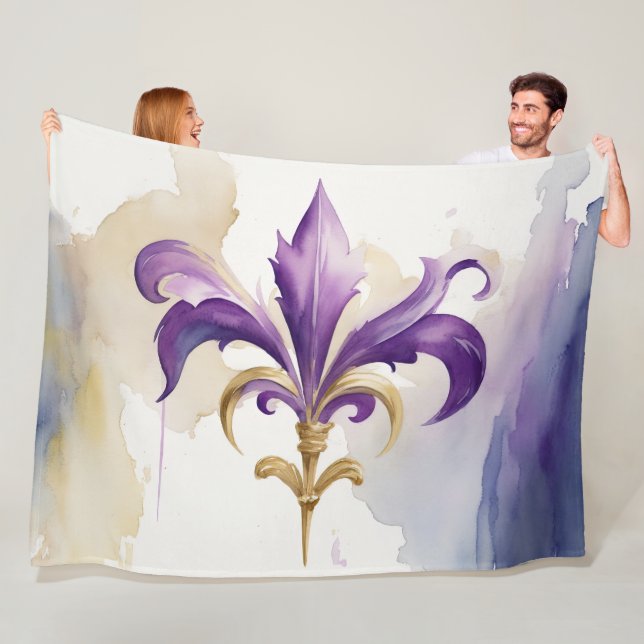 Purple Tan Fleur de Lis Watercolor Fleece Blanket (In Situ)