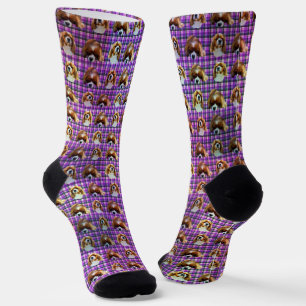 Purple Tartan Cavalier Spaniels, Crew Socks
