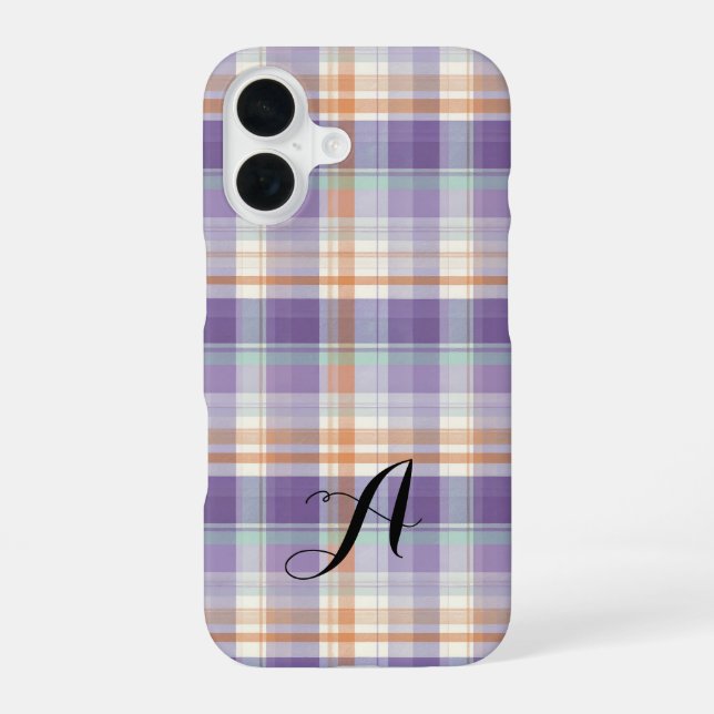 Purple Tartan Plaid Monogram Design iPhone 16 Case (Back)
