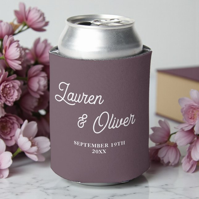 Purple Taupe Script Minimalist Wedding Can Cooler (Creator Uploaded)
