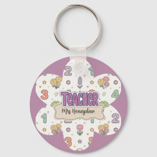 Purple Teacher School Numbers Pattern Keychain