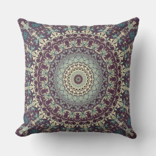 Purple Teal and Cream Mandala Pattern Throw Pillow