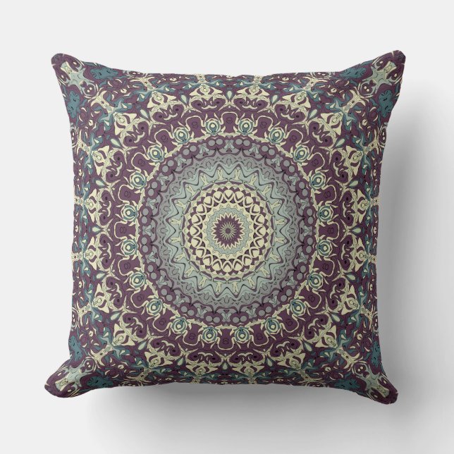 Purple Teal and Cream Mandala Pattern Throw Pillow (Front)