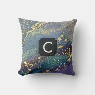Purple, Teal and Gold Liquid Art Monogram Throw Pillow