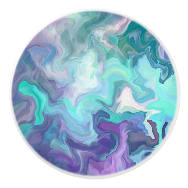 Purple, Teal and Turquoise Abstract Faux Marble Ceramic Knob (Front)