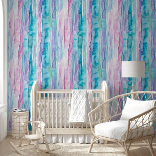 Purple, Teal and Turquoise Watercolor Stripes Wallpaper