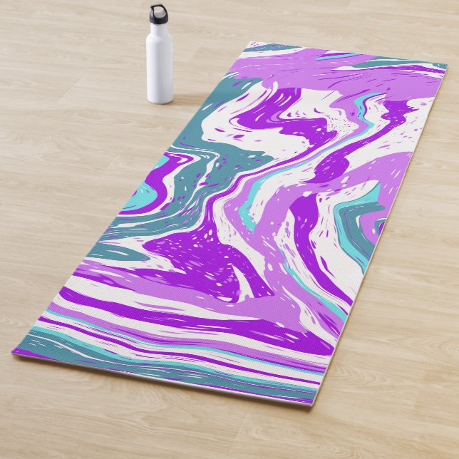 Purple, Teal and White Marble Swirls Fluid Art Yoga Mat (In Situ)
