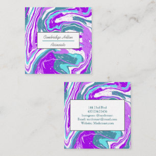 Purple Teal and White Marble Swirls Square Business Card