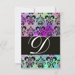 PURPLE TEAL AQUA BLUE  BLACK  DAMASK MONOGRAM RSVP CARD