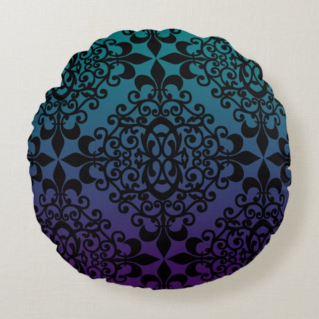 Purple Teal Black Damask Pattern Round Pillow (Front)