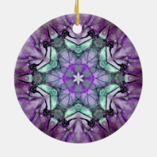 Purple Teal black floral star Snowflake Ceramic Ornament