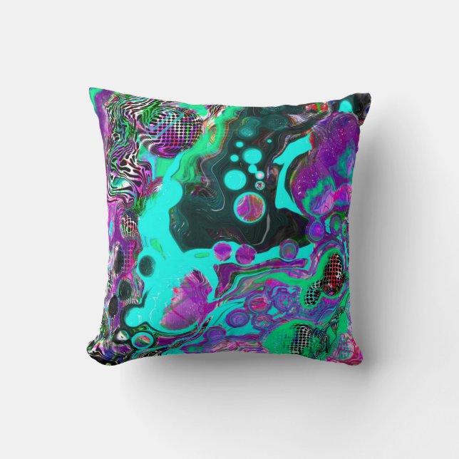 Purple, Teal, Blue, Black Colourful Abstract Fluid Throw Pillow (Front)