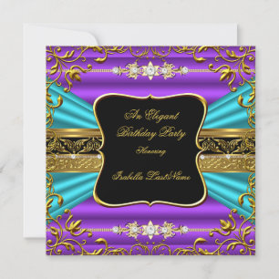 Purple Teal Blue Damask Black Gold Birthday Party Invitation