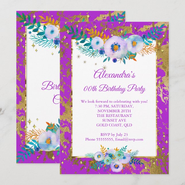 Purple Teal Blue Flowers Gold Birthday Party Invitation (Front/Back)
