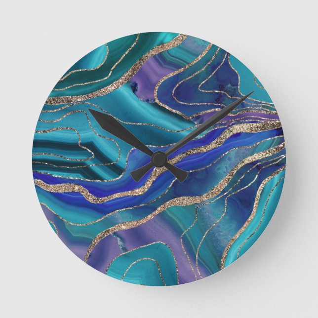 Purple Teal Blue Galaxy Nebula Agate Glitter #1 Round Clock (Front)