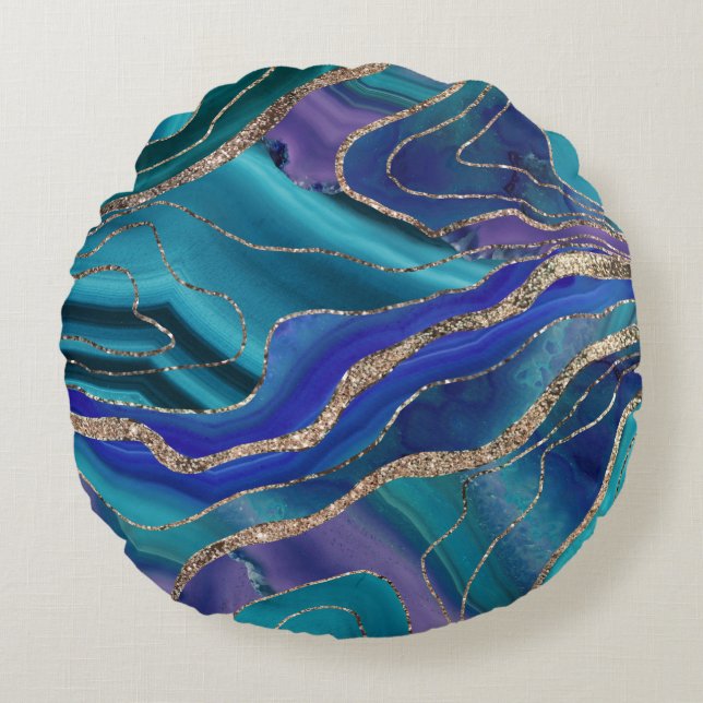 Purple Teal Blue Galaxy Nebula Agate Glitter #1 Round Pillow (Front)