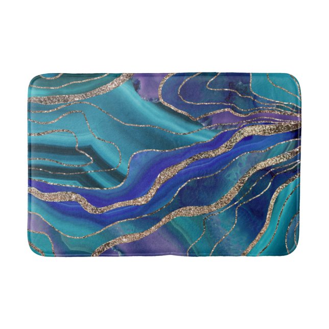 Purple Teal Blue Galaxy Nebula Agate Glitter Glam Bath Mat (Front)