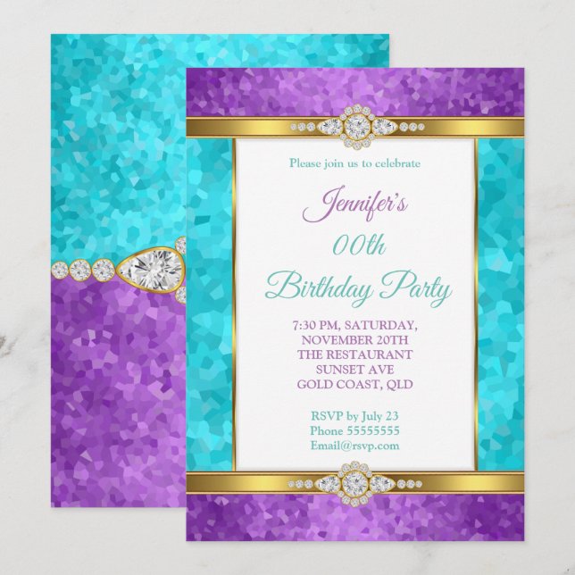 Purple Teal Blue Gold Diamond Birthday Party Invitation (Front/Back)