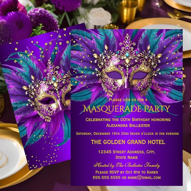 Purple Teal Blue Masks Masquerade Birthday Party Invitation (Creator Uploaded)