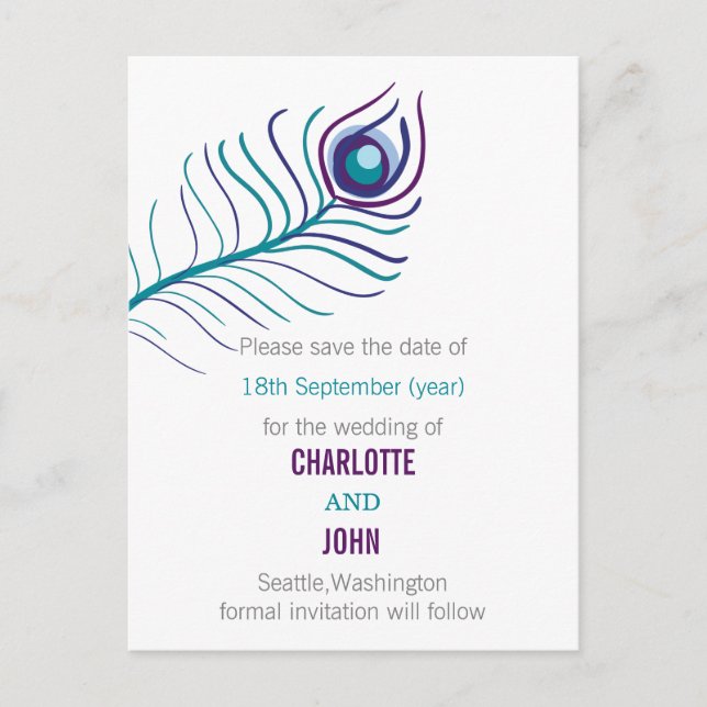 Purple teal blue peacock wedding save the dates announcement postcard (Front)