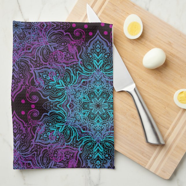 Purple Teal Blue Snowflake Mandala Apron Kitchen Towel (Quarter Fold)