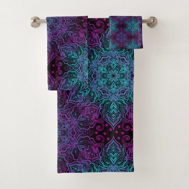 Purple Teal Blue Snowflake Mandala Bath Towel Set (Insitu)