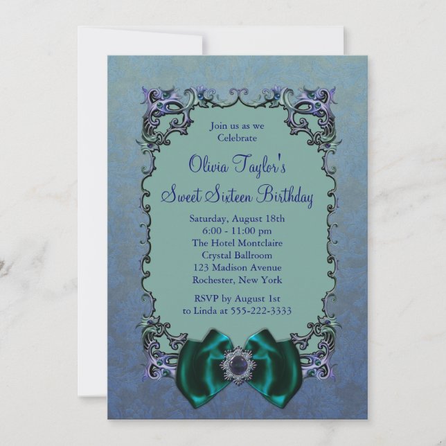 Purple & Teal Blue Sweet Sixteen Party Invitations (Front)