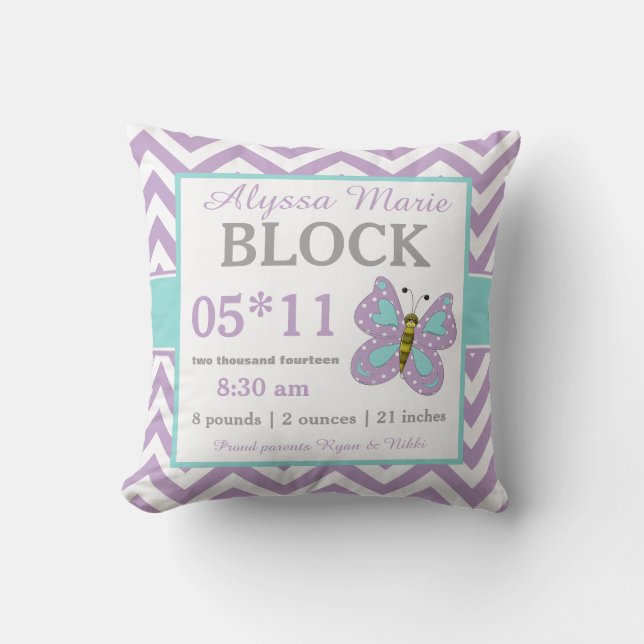 Purple Teal Butterfly Baby Announcement Pillow (Front)