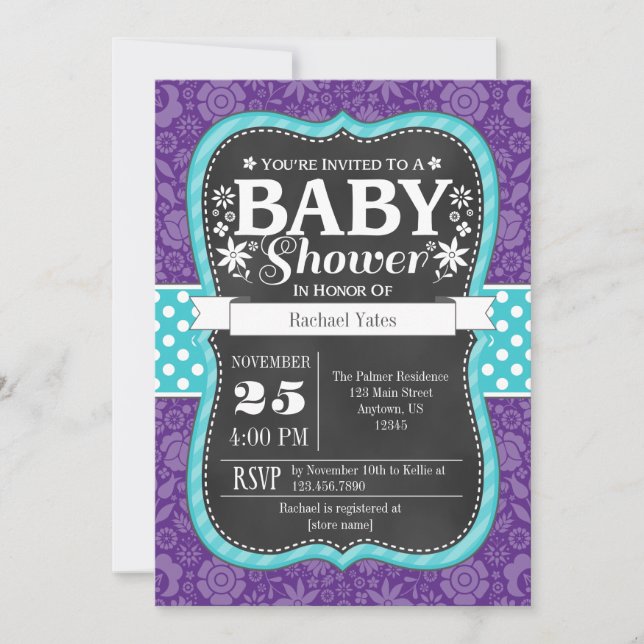 Purple Teal Chalkboard Floral Baby Shower Invite (Front)