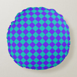 Purple Teal Chequered Diamond Pattern  Round Pillow