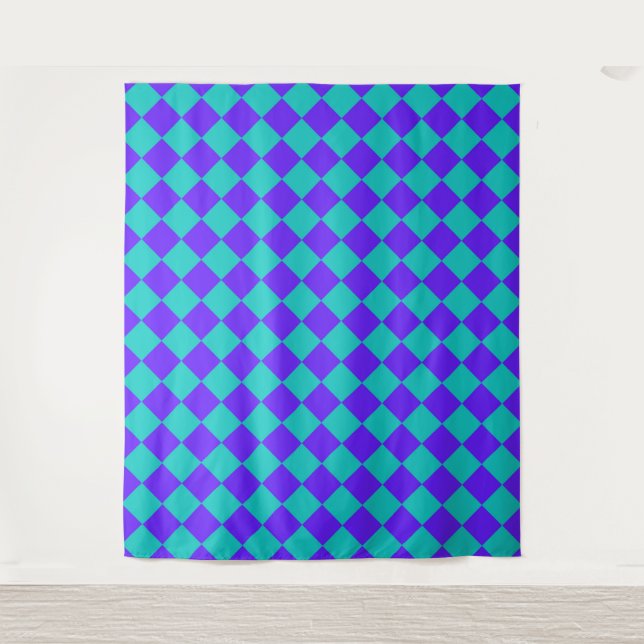 Purple Teal Chequered Diamond Pattern  Tapestry (Front)