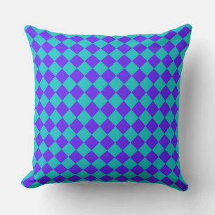 Purple Teal Chequered Diamond Pattern  Throw Pillow