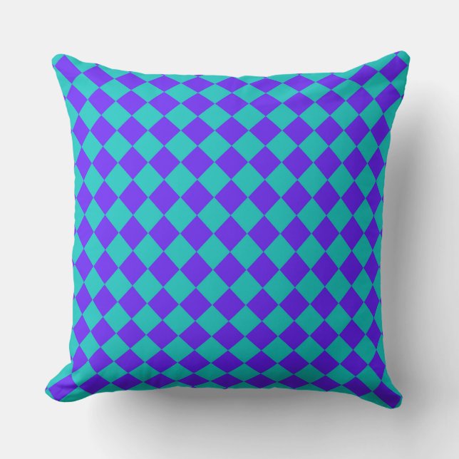 Purple Teal Chequered Diamond Pattern  Throw Pillow (Front)