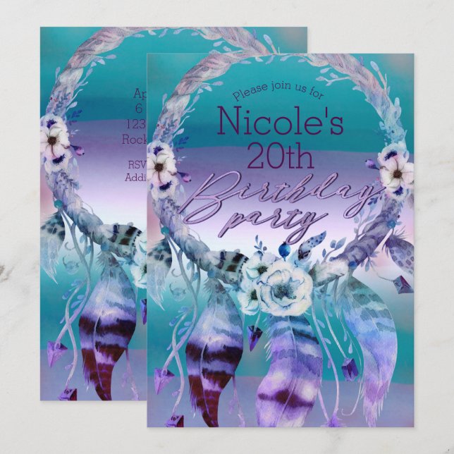 Purple & Teal Dream Catcher Boho Birthday Party Invitation (Front/Back)