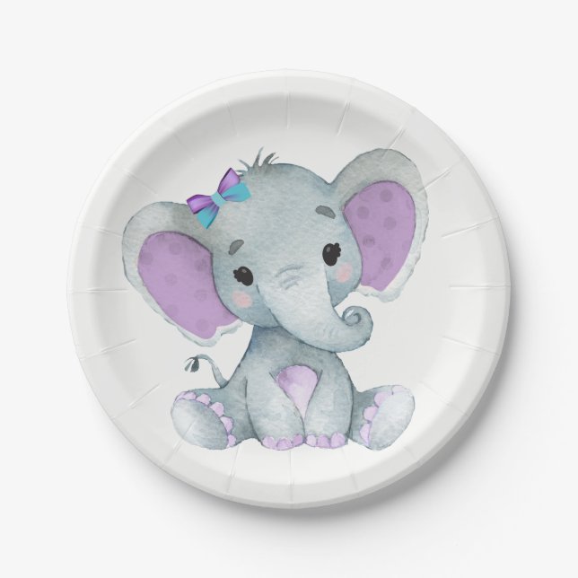 Purple Teal Elephant Plate 4 Baby Shower, Birthday (Front)