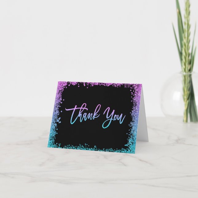 Purple Teal Faux Glitter Thank You Card (Front)