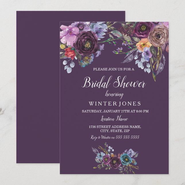 Purple Teal Floral Bridal Shower Invitation (Front/Back)