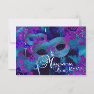 Purple & Teal Floral Masquerade Party RSVP Card