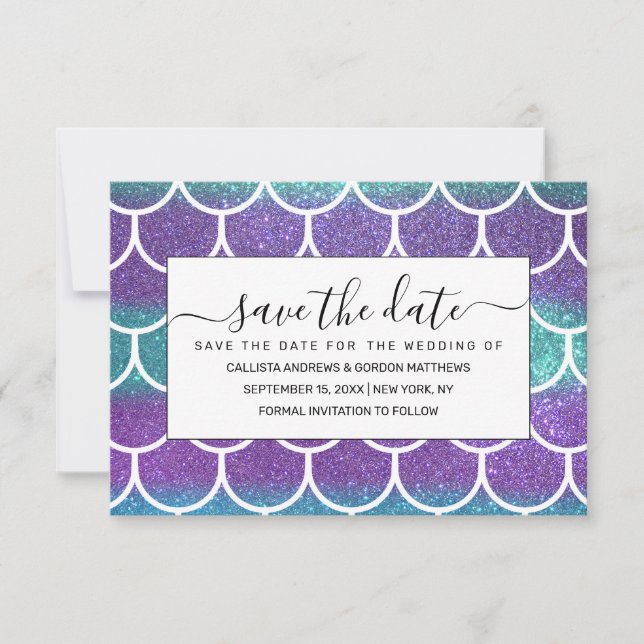 Purple Teal Glitter Mermaid Scallop Scales Save The Date (Front)