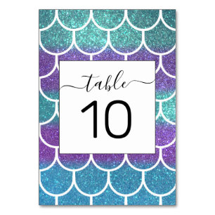 Purple Teal Glitter Mermaid Scallop Scales Table Number