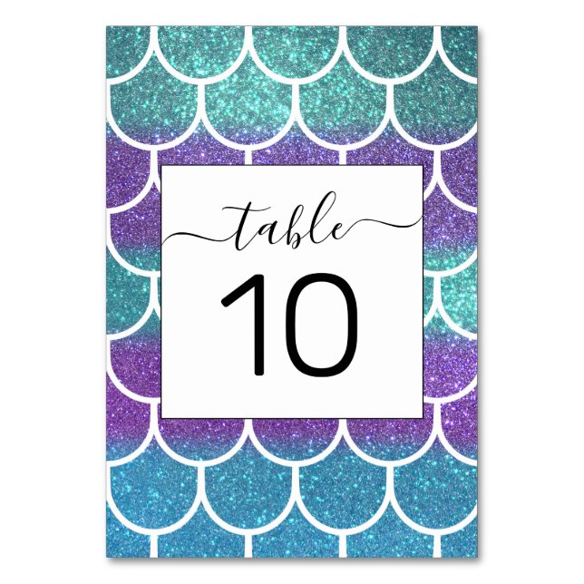 Purple Teal Glitter Mermaid Scallop Scales Table Number (Front)