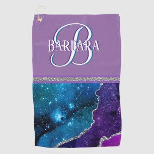 Purple Teal Glittery Silver Monogram First Name  Golf Towel
