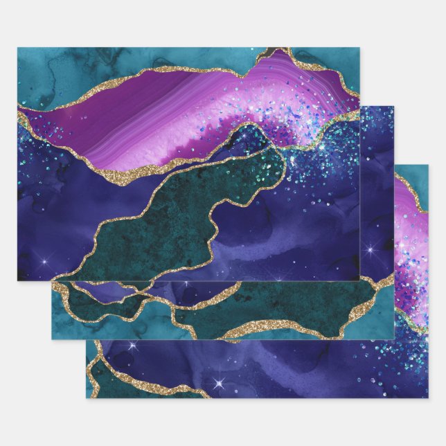 Purple & Teal & Gold Glitter Peacock Agate Wrapping Paper Sheet (Set)
