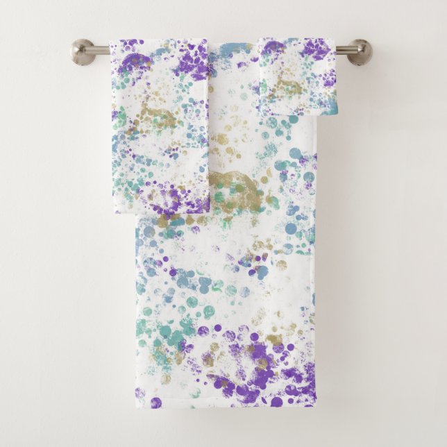 Purple Teal Gold Grungy Modern Splash Bath Towel Set (Insitu)