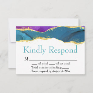  Purple Teal Gold Watercolor Ink RSVP Card