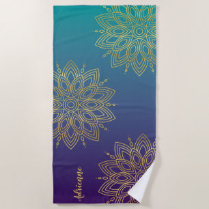 Purple Teal Gradient Faux Gold Mandala Beach Towel