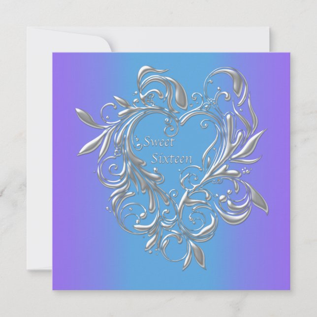Purple Teal Heart Sweet 16 Party Invitation (Front)