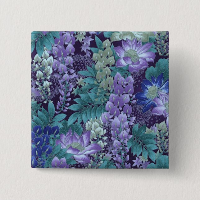 Purple & Teal Jungle Flowers 2 Inch Square Button (Front)