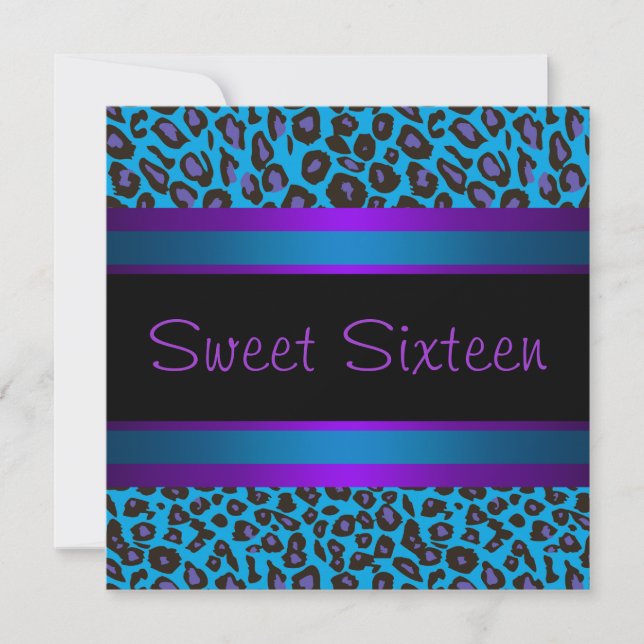 Purple Teal Leopard Sweet 16 Birthday Party Invitation (Front)
