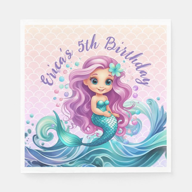 Purple Teal Little Mermaid Watercolor Birthday Napkin (Front)